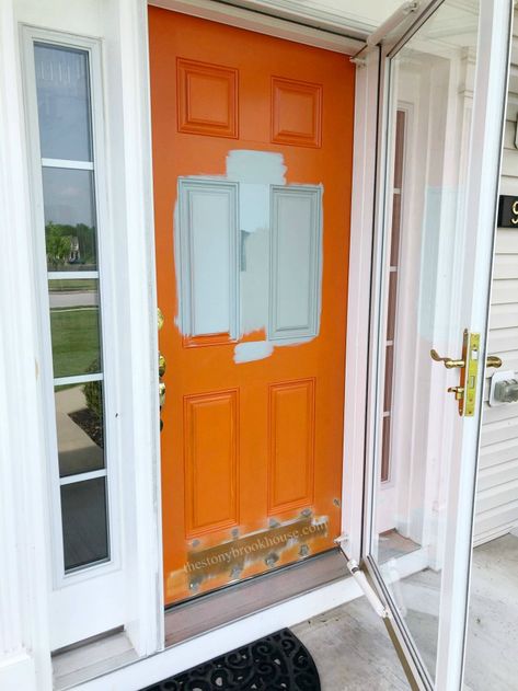 Testing paint colors on the front door How To Paint Front Door With Sidelights, Painted Storm Door, How To Paint Front Door, Painted Upvc Door, Exterior Entrance Doors, Storm Door Hardware, Upvc Front Door, Glass Storm Doors, Painted Interior Doors