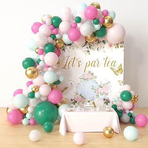 Tea For Two Balloon Arch, Tea For Two Backdrop, Tea Party Balloon Arch, Tea Party Balloon Garland, Tea For Three Birthday Party, Tea Party Backdrop Ideas, Tea Party Balloons, Princess Tea Party Birthday, Aurora Birthday