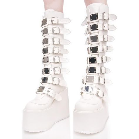 Demonia X Dolls Kill White Trinity Boots ($115) ❤ liked on Polyvore featuring shoes, boots, back zip boots, knee high platform boots, white platform shoes, back zipper boots and white knee high boots Trinity Boots, Boots Demonia, Alt Shoes, Demonia Boots, White Platform Shoes, Knee High Platform Boots, Goth Shoes, Demonia Shoes, Boots Knee High