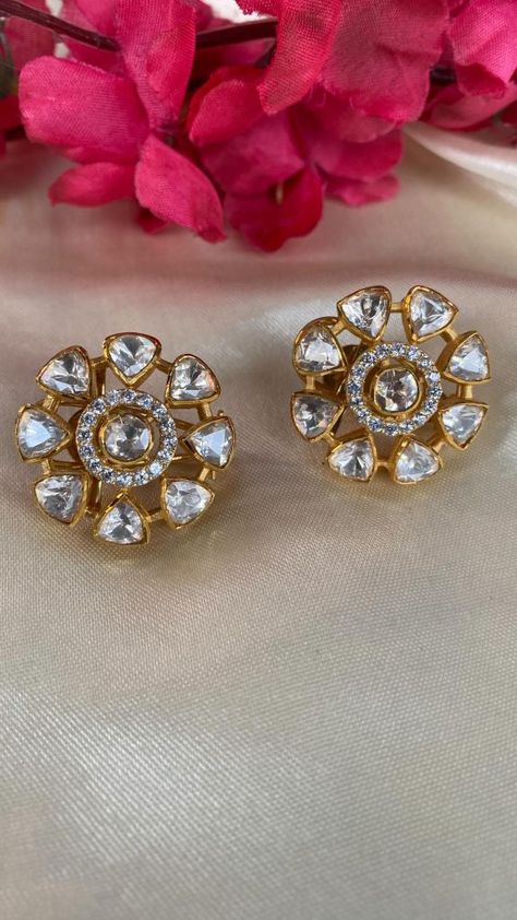 Moissanite Polki Earstuds From 'Jewels By Skuriti' • South India Jewels Cz Stone Necklace, Antique Gold Earrings, Polki Earrings, Traditional Diamond, Polki Jewellery, South India, Temple Jewellery, Gold Plated Earrings, Indian Jewellery