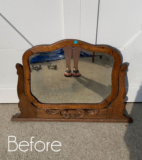 Vintage Oak Dresser With Mirror, Decorating With Antique Mirrors, What To Do With Old Mirrors Ideas, Antique Mirror Frame Repurposed, Vintage Dresser Mirror, Repurposed Vanity Mirror, Old Mirror Frame Repurpose, Vintage Dresser Mirror Repurposed, Antique Vanity Mirror Repurposed