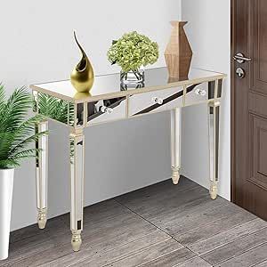 Women Home Office, Mirror Console Table, Makeup Vanity Table, Grey Bedroom Decor, Media Console Table, Mirrored Vanity Desk, Mirrored Console Table, Desk Mirror, Makeup Table Vanity