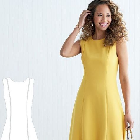 Simplicity McCall's Australia on Instagram: "This @palmerpletsch dress design has come through as one of the most popular Butterick Patterns! ⁠ ⁠ Butterick 9850 is a dress pattern with a fitted princess seam bust and a line skirt.  It comes with neckline variations of a round neck or v-neck and the option to have short, long or no sleeves. It is recommended to use crepe, cotton blends, gaberdine and sateen to create this style. ⁠ ⁠ This paper pattern is available is size 6-22 from the Sewdirect Australia website at https://www.sewdirect.com.au/product/butterick-b6850/⁠ ⁠ Image Description: A model is standing in a photo studio wearing a sleeveless long line yellow dress ⁠ ⁠ #SewdirectAustralia #AustraliaSews #NewZealandSews #B6850 #Butterick6850 #ButterickPatterns #FavouritePattern #DressP Princess Line Dress Pattern Style, Princess Seam Pattern, Princess Line Dress, Neckline Variations, Steps Dresses, Princess Seam Dress, Princess Line, Butterick Pattern, Image Description