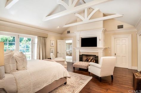 Traditional Master Bedroom with stone fireplace, Hardwood floors, Crown molding, Carpet, Cathedral ceiling Bedroom Fireplace, Sanctuary Bedroom, Perfect Bedroom, False Ceiling Design, Home Modern, White Furniture, Beautiful Bedrooms, Dream Bedroom, Luxurious Bedrooms