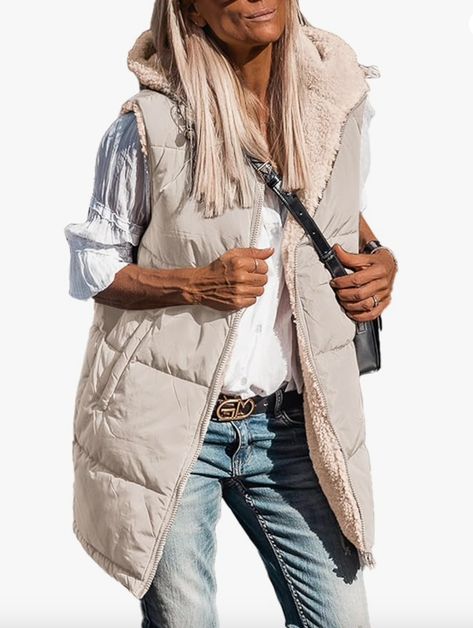 PRETTYGARDEN Womens 2023 Fall Reversible Vests Sleeveless Fleece Jacket Zip Up Hoodie Pockets Long Warm Winter Coat Outerwear #commissionsearned Sleeveless Outfit, Gilet Long, Reversible Vest, Mini Robes, Hooded Vest, Simplicity Patterns, Sleeve Dresses, Collar Top, Cotton Jacket