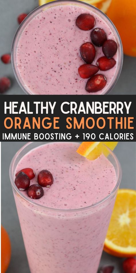 5 minutes · Vegetarian Gluten free · Serves 2 · Try this easy Cranberry Orange Smoothie loaded with 70% of your daily amount of Vitamin C, 11 grams of protein and only 190 calories! This immune boosting smoothie is the perfect healthy breakfast… More Healthy Orange Creamsicle Smoothie, One Person Smoothie Recipe, Cranberry Orange Smoothie, Blender Breakfast Recipes, Cranberry Juice Smoothie Recipes, Immunity Smoothie Recipes, Cranberry Juice Smoothie, Antiparasitic Food, Healthy Cranberry Recipes