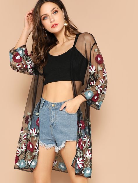 Kimono fino con bordado floral | Mode de Mujer | SHEIN España Gilet Kimono, Floral Kimono Cardigan, Bohemian Fabric, Kimono Floral, Bohemian Kimono, Cardigan Kimono, Sheer Kimono, Womens Kimono, Layering Outfits