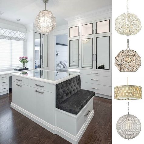 No #customcloset is complete without a glamorous #chandelier. Which is your favorite?  Design: @modelspacedesigns Lighting: @elklightinginc  #interiordesign #homedecor #dreamcloset #interiordesigner #carpetone Master Closet Design, Closet Island, Closet Door Makeover, Bedroom Closet Storage, Closet Built Ins, Closet Design Layout, Walk In Closet Design, Luxury Closets Design, Closet Layout