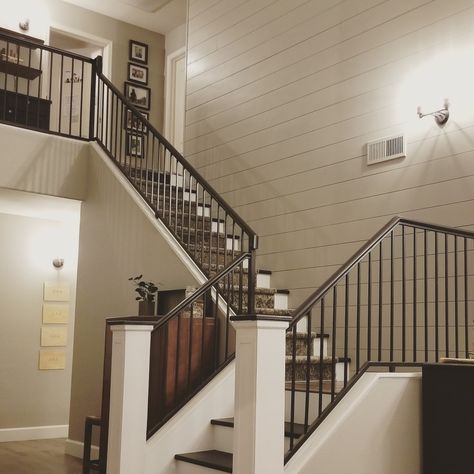 Shiplap Staircase, Black And White Staircase, Staircase Black, Black Railing, White Staircase, Ship Lap, House Updates, House Makeover, Stair Case