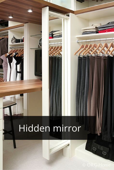 Love this feature. A slide out mirror in a custom laminate closet organizer system. Click through to learn the difference between wire and laminate for a closet system. Hidden Mirror, Remodel Garage, Closet Mirror, Master Closet Organization, Custom Closet Organization, Small Bedroom Remodel, Bedroom Remodeling, Bath Bedroom, Organized Closet