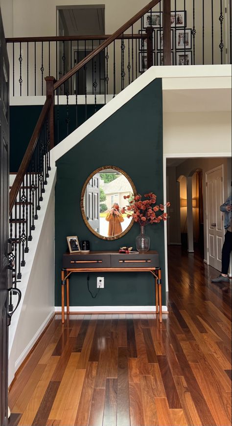 Deep Green Entryway, Moody Paint, Foyer Paint, Green Entryway, Amazon Flowers, Behr Paint Colors, Entry Wall, Behr Paint, Benjamin Moore Paint