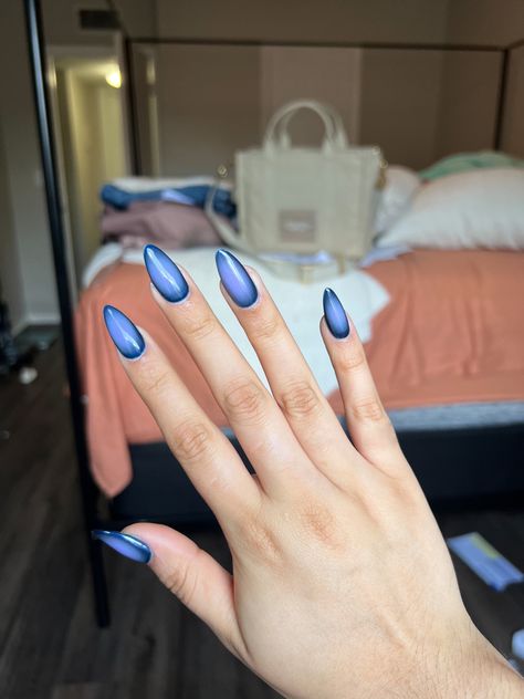 Blue And Black Almond Nails, Blue Aroura Nails, Short Almond Nails Airbrush, Blue Aura Nails Almond, Blue Gradient Nails, Blue Nails Aura, Airbrush Blue Nails, Blue Airbrush Nails, Blue Aura Nails