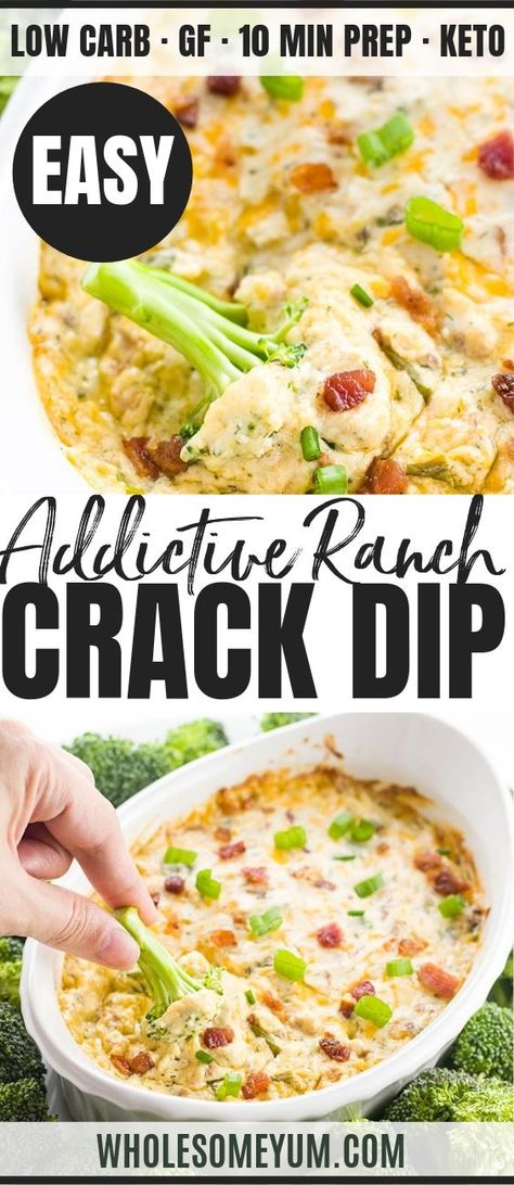 Warm Ranch Crack Dip Recipe with Bacon and Cream Cheese - What is crack dip? The most delicious, addictive appetizer ever! This warm ranch crack dip recipe with bacon and cream cheese takes just 10 minutes prep and can be made ahead. #wholesomeyum #lowcarb #keto #snack #appetizer #healthy #healthyappetizer #healthysnack #easyappetizer Keto Ranch, Recipe With Bacon, Keto Diet Snacks, Appetizer Dishes, Keto Foods, Bacon Recipes, Food List, Healthy Appetizers, Dip Recipe