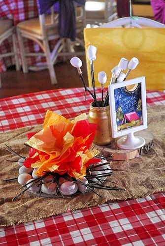 table | jowong19 | Flickr Smore Packages, Camping Table Decorations, Adult Camping Party, Camper Table, Camping Party Decorations, Camping Theme Birthday Party, Camping Theme Birthday, Camping Theme Party, Party Table Centerpieces