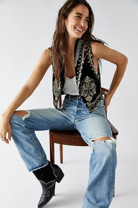 Jackets + Blazers | Free People Waistcoat Outfit, Look Boho Chic, Boho Vest, Mode Hippie, Looks Country, 70s Outfits, Women's Jackets, Vest Outfits, Bomber Jackets