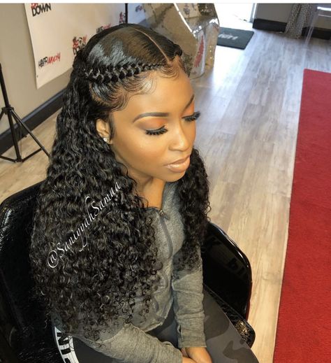 Cornrows With Wet And Wavy Hair, Corn Row Front Weave Back, French Braids In Front Weave In Back, Cornrows In Front Curly In Back, Braid Across Front Of Hair Frontal, Two Braids With Weave In The Back, Push Back Hairstyle, French Braid Lace Front Wig, Wet And Wavy Hair