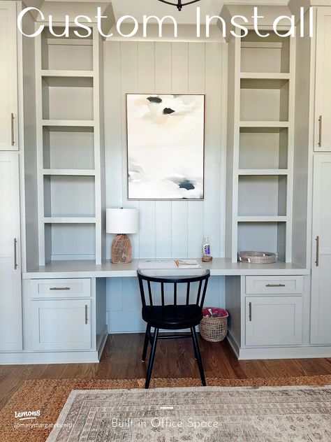 These built ins are a dream! I use this as my office space & it has highly changed my functionality! Paint color : SW Sensible Hue Office In Mudroom, Sw Sensible Hue, Built In Desk And Shelves Office, Sensible Hue, Hannah House, Office With Daybed, Alcove Desk, Nook Office, Built In Desk And Shelves