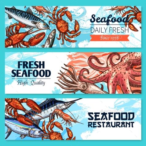 Seafood and fish restaurant banners. Vector fresh fishing catch of octopus or lobster crab and shrimp prawn, Japanese cuisine mack Lobster Fisherman, Seafood Enchiladas Recipe, Seafood Art, Lobster Restaurant, Homemade Pizza Dough Easy, Crab And Shrimp, Chowder Recipes Seafood, Fish Restaurant, Easy Homemade Pizza