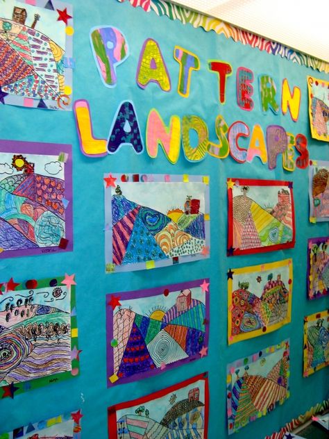 Pattern Landscapes- 3rd Grade 3rd Grade Art Lesson, Third Grade Art, Math Patterns, 2nd Grade Art, 4th Grade Art, 3rd Grade Art, Classroom Art Projects, Classroom Art, Art Teaching