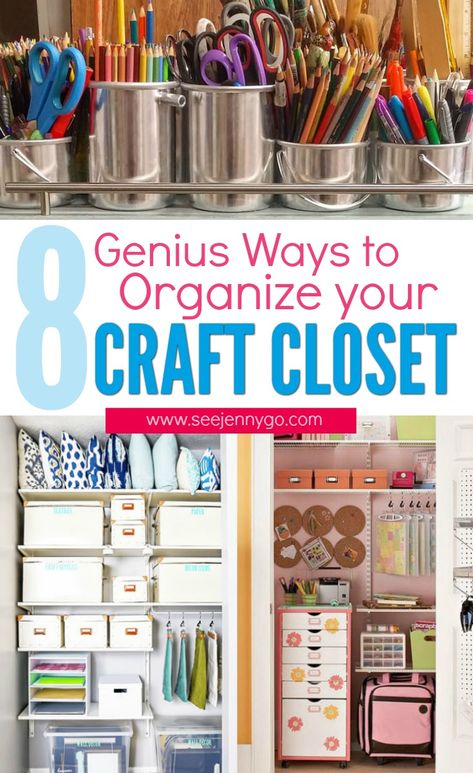 Organizing Ideas Craft Room, Closet Organization For Crafts, Small Craft Closet, Closet Craft Space, Diy Craft Closet, Craft Closet Organization Ideas, Scrapbook Furniture, Organize Crafts, Organizing Clutter