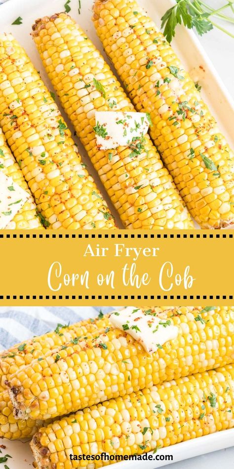 Sweet corn on the cob is cooked to perfection using the air fryer. Using the air fryer to cook this summer staple is a game changer. It results in lightly charred ends with plump, tender corn kernels with little prep. It is quick, easy, and delicious. Season with lots of butter, salt and pepper, or add Tajin, parmesan cheese, or other seasonings. Turn it into a quick and easy Elote with sour cream, Cojita cheese, chili, and lime. This corn on the cob is a perfect side dish. Air Fry Corn On The Cob, Air Fryer Corn On The Cob, Easy Elote, Easy Corn Recipes, Sweet Corn On The Cob, Cojita Cheese, Air Fryer Corn, Savory Recipe, Asparagus Fries