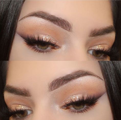 Champagne Gold Eye Makeup, Dama Makeup Looks Quince Natural, Gold Make Up Looks Natural Makeup, Gold Under Eye Makeup, Eye Makeup For White Dress, Gold Makeup Looks Natural, Beige Makeup Looks, Dama Makeup Looks, Make Up Dorado