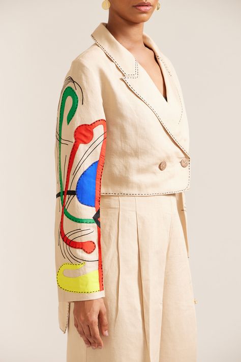 Buy Beige Linen Embroidered Applique Lapel Paint Stain Cropped Blazer With Pant For Women by Mini Sondhi Online at Aza Fashions. Cotton Blazer, Pleated Pant, Embroidered Applique, Pant For Women, Cropped Blazer, Fashion App, Paint Stain, Breasted Blazer, Indian Designer Wear