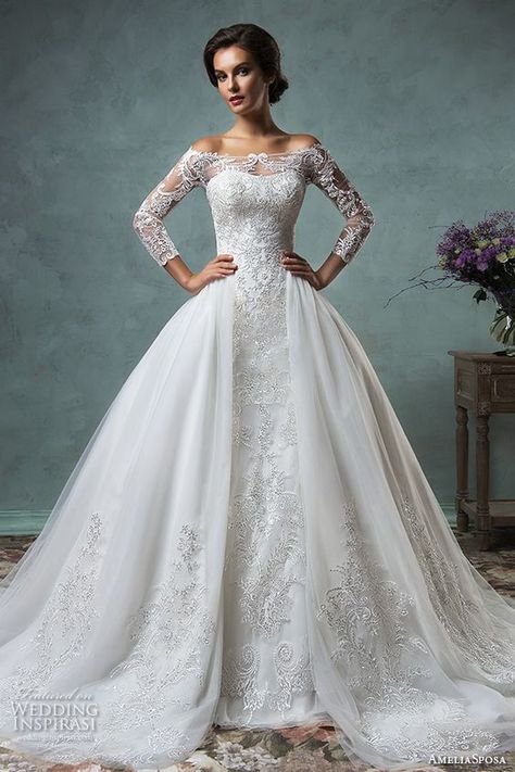 Princess white wedding dress Amelia Sposa Debutante Gowns, Detachable Train Wedding Dress, Disney Princess Wedding, Princess Wedding Gown, Detachable Skirt, Wedding Inspirasi, Lace Bride, 2016 Wedding Dresses, White Wedding Dress