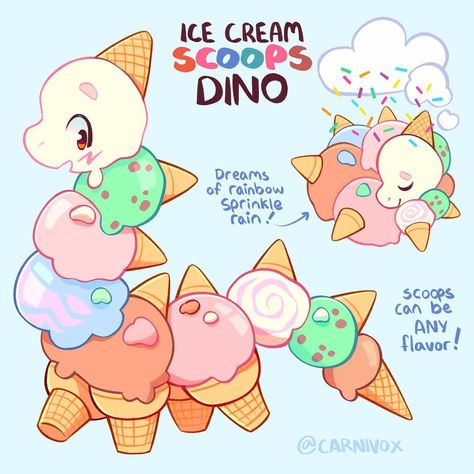 Morgan 🇨🇦🏳️‍🌈 on Instagram: “OTA | Ice Cream Scoops Dino 🍧 WHAT’S YOUR FAVE FLAVOUR OF ICE CREAM?? Longneck Dino made entirely of Ice cream and ice cream cones! Their …” Carnivox Art, Food Animals Drawing, Dream Clouds, Ice Cream Flavor, Ice Cream Scoops, Cute Food Drawings, Cute Fantasy Creatures, Ice Cream Cones, Cute Animal Drawings Kawaii