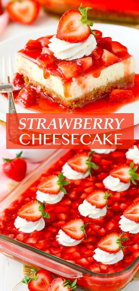 Strawberry Cheesecake Recipe Easy, Dessert For A Crowd, Cheese Desserts, Easy Strawberry Cheesecake, Strawberry Cheesecake Bars, Fresh Strawberry Cake, Strawberry Cheesecake Recipe, Homemade Strawberry Sauce, Sugar Recipes