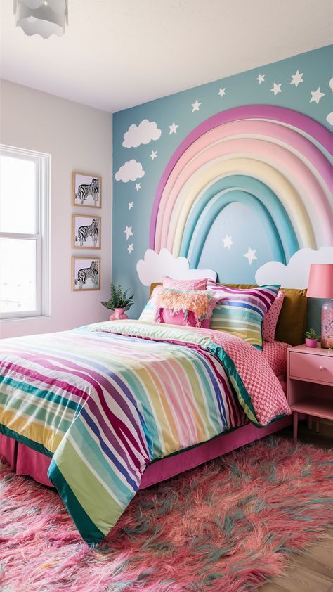 Transform your home with chic decor ideas and modern trends. Find elegant inspirations and luxe solutions to create a stylish and sophisticated space. #HomeDecor #DesignTrends #LuxeInteriors Rainbow Inspired Bedroom, Rainbow Room Aesthetic, Rainbow Bedroom Ideas, Rainbow Bedroom Ideas Kids, Girls Rainbow Bedroom, Rainbow Room Kids, Rainbow Bedroom, Castle Bedroom, Colorful Bedroom