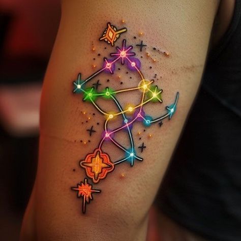 Trippy Alien Tattoo Ideas, Color Hand Tattoos, Escapism Tattoo, Neon Tattoo Ideas, Neon Light Tattoo, Uv Tattoo Ideas, Cute Tattoo Stencils, Neon Sign Tattoo, Prism Tattoo