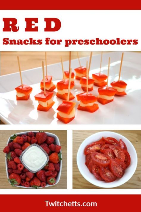 these red colour snacks are perfect for preschool red day, a fun party, or just an after school snack. #twitchetts Snacks For Preschool, Red Food Party, Snacks For Preschoolers, Graham Cracker Snacks, Red Foods, Red Snacks, Preschool Classrooms, Rainbow Snacks, Dried Goji Berries