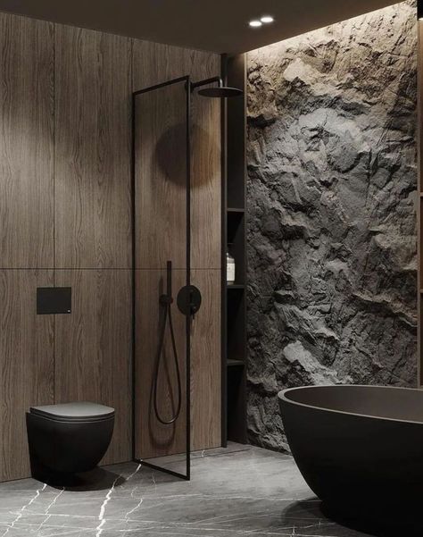 #homedecorideas #interior #interiordesign #bathroomdesign #interiordecor #shabbychic Black In Bathroom, Wood And Black Bathroom, تصميم دورة مياه, Best Bathroom Paint Colors, Elegant Bathroom Design, Bathroom Interior Design Modern, Bathroom Design Black, Stone Wall Design, Bathroom Design Layout