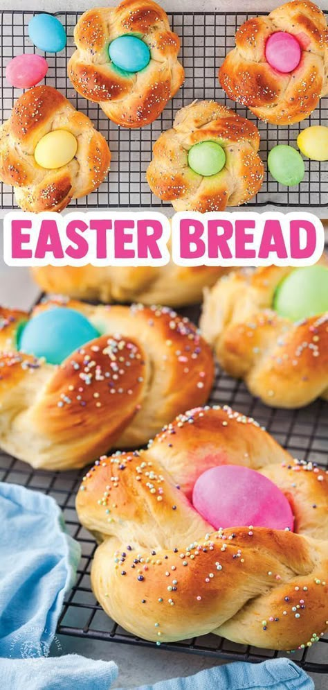 Easter Bread recipe with a colorful egg in the middle! Look at how cute these bread rings are! This is a classic Easter recipe you must try if you haven’t already. This colorful treat is great for spring! Save this recipe! Braided Easter Egg Bread, Easter Bread With Eggs, Easter Sweet Bread Recipes, Easy Italian Easter Bread, Sweet Easter Bread Recipes, Easter Breads Sweet, Easter Pull Apart Bread, Braided Easter Bread, Easy Easter Baking Ideas