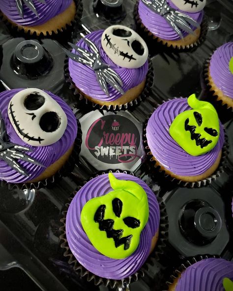 Creepy Sweets on Instagram: “Dig your fangs into THESE cute and delicious cupcakes! 😄 😋 . . Cupcakes are for local SoCal delivery or pickup only. Menu and custom…” Nightmare Before Christmas Birthday Cupcakes, Jack And Sally Cupcakes, Tim Burton Cupcakes, Chucky Cupcakes, Jack Skellington Cupcakes, Nightmare Before Christmas Cupcake, Nightmare Before Christmas Cupcakes, Halloween Eats, Galletas Halloween