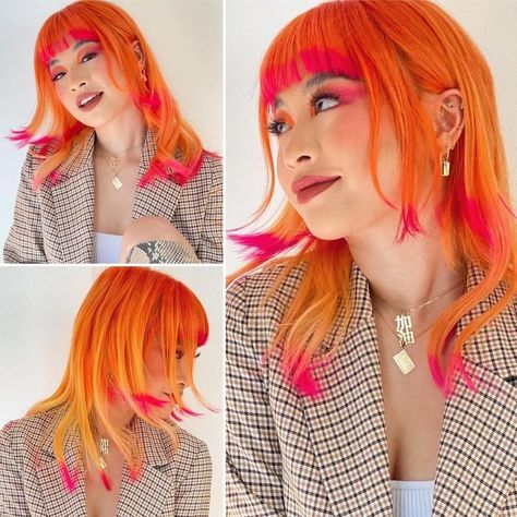 Pink And Yellow Split Dye, Microloc Hairstyles, Orange And Pink Hair, Pink And Orange Hair, Fantasy Inspo, Yellow Hair Color, Pink Ombre Hair, Best Hair Dye, Dip Dye Hair