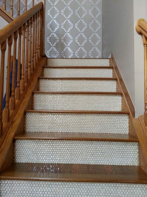 Penny Tiled stairs....They're mine! Tile Staircase, Tiles For Stairs, Tiled Stairs, Tiled Staircase, Dark Wood Kitchens, Stairs Makeover, Entry Stairs, Staircase Makeover, Wood Staircase