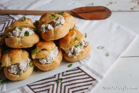 Delicious Chicken Salad in Homemade Puffs Homemade Puffs, Chicken Salad Puffs, Bread Puffs, Homemade Chicken Salad, Mashed Potato Bites, Chicken Puffs, Homemade Chicken Salads, Delicious Chicken Salad, Party Sandwiches