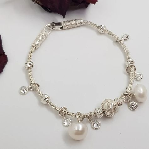 Silver Handmade Pearl Bracelet with 925K Silver Beads, Stylish Charm Bracelet, Engagement  Gift Pure Silver Bracelet For Women, Pandora Bracelet Designs, Silver Bracelet For Women, Silver Pearl Bracelet, Pearl Charm Bracelet, Welding Process, Silver Bracelets For Women, Chic Bracelet, Pearl Charms