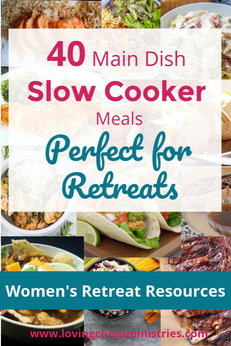 These 40 frugal main dish slow cooker meals can save Christian women's retreat planning budgets like you wouldn’t believe. #slowcookerrecipes #crockpotrecipes #retreatplanning #womensministry #christianwomen #alovingchrist Pot Luck Slow Cooker Recipes, Slow Cooker Main Dishes, Slow Cooker Potluck Recipes, Main Dish For Potluck, Retreat Planning, Christian Retreat, Slow Cooker Italian Beef, Slow Cooker Barbacoa, Pork Chops And Gravy