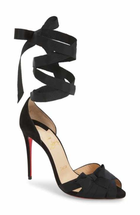 Christian Louboutin Christeriva Ribbon Sandal (Women) Ribbon Heels, Black Ballet Shoes, Ribbon Sandals, Christian Louboutin Sandals, Fall Winter Shoes, Wrap Shoes, Black Shoes Heels, Open Toe Shoes, Black Sandals Heels