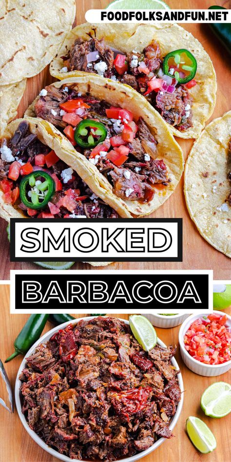 Smoked Steak Tacos, Smoked Beef Cheeks Recipe, Smoked Beef Tacos, Barbacoa Traeger, Chuck Steak Tacos Recipes, Chuck Roast Smoker Recipe, Smoked Barbacoa Beef, Smoked Mexican Food, Smoked Beef Cheeks