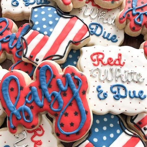 4th Of July Gender Reveal Cookies, Red White And Due Baby Shower Cookies, Red White And Due Pregnancy Announcement, Red White And Blue Gender Reveal Ideas, July 4th Baby Shower Ideas, Red White And Due Baby Shower Theme, 4th Of July Gender Reveal Party, 4th Of July Baby Shower Ideas, July Baby Shower Ideas