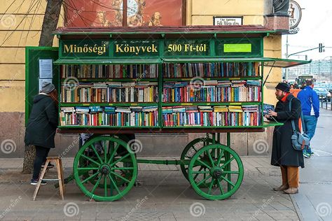 Street Bookstore Cart Kiosk Sale on Wheel at Pest District Where Peoples Buying New and Used Books Editorial Photography - Image of hungary, wheel: 248459567 Book Kiosk, Street Bookstore, Book Editorial, Budapest Hungary, Kiosk, Used Books, Screen Savers, Image Photography, Editorial Photography