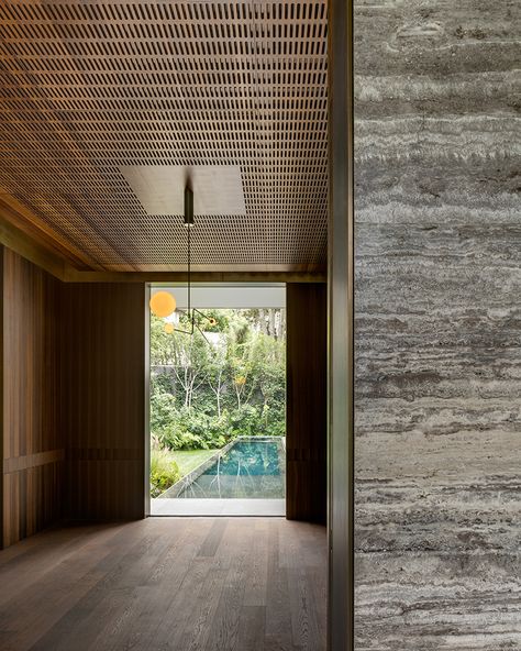 the AA315 family house, designed by blancas moran, is located in mexico city and aimed to create a garden with a house rather than a house with a garden. Acoustic Wood Panels, Modern Kitchen Tiles, Ceilings Design, Building Details, Houses In Mexico, Mobile Chandelier, Acoustic Ceiling, Hidden House, Luxury Hospitality