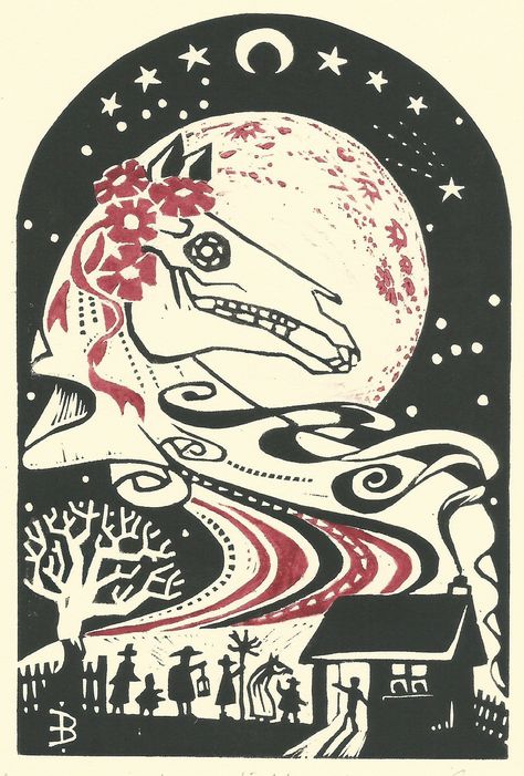 Mary Lwyd, Village At Night, Mari Lwyd, Print Lino, Pagan Christmas, Pagan Yule, Horse Skull, Pagan Symbols, Arte Grunge