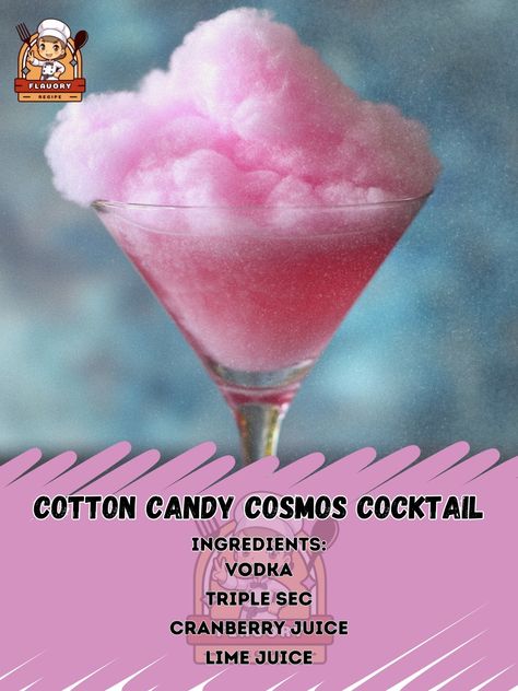 🍹✨ Sip on sweetness with our Cotton Candy Cosmos Cocktail! A fun and colorful twist on a classic favorite! 🌟💖 #CottonCandyCocktail #CosmosTwist Cotton Candy Cosmos Cocktail Ingredients: Vodka (2 oz) Triple sec (1 oz) Cranberry juice (1 oz) Lime juice (1/2 oz) Cotton candy (for garnish) Ice Instructions: In a cocktail shaker, combine vodka, triple sec, cranberry juice, and lime juice with ice. Shake well and strain into a martini glass. Garnish with a cloud of cotton candy on top. 🍹✨ Enjoy ... Cosmos Cocktail, Cotton Candy Cocktail, Cosmo Cocktail, Glass Garnish, Candy Cocktails, Daily Recipes, Cocktail Ingredients, Triple Sec, Cranberry Juice