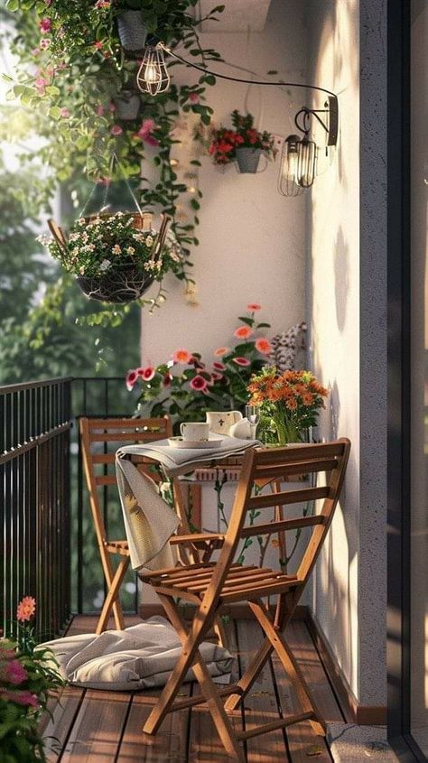 Pretty Balcony, Terrace Inspiration, Home Decor Ideas Cozy, Balcony Aesthetic, Small Balcony Furniture, Aesthetic Balcony, Outdoor Balcony Ideas, Small Apartment Balcony, Apartment With Balcony