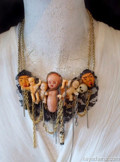 Kay Adams, Object Sculpture, Shrines Art, Found Object Jewelry, Weird Jewelry, Baby Necklace, Antiques Jewelry, Doll Jewelry, Repurposed Jewelry